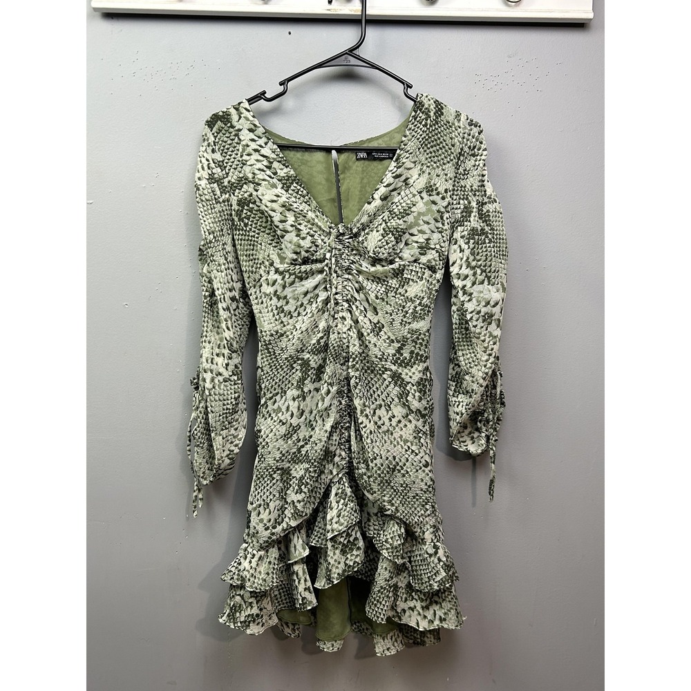 Zara Dress Womens Small Green Snake Print Ruched Ruffle‎ Hem 3/4 Sleeve Lined